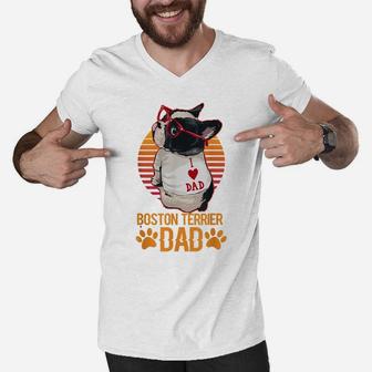 Vintage Boston Terrier Dad Wear Sunglasses Funny Dog Lover Men V-Neck Tshirt | Crazezy CA