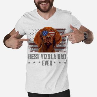 Vizsla Best Dog Dad Ever Retro Usa American Flag Men V-Neck Tshirt | Crazezy