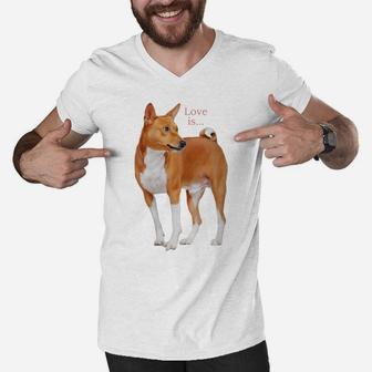 Womens Love Is Basenji Shirt Dog Mom Dad Puppy Cute Pet Valentines Men V-Neck Tshirt | Crazezy UK