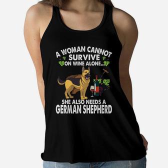 A Woman Cannot Survive On Wine Alone German Shepherd Dog Pet Women Flowy Tank - Seseable