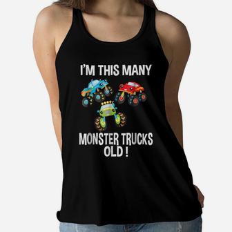 Birthday Shirt For Boys 3 I'm This Many Monster Trucks Old Women Flowy Tank | Crazezy UK