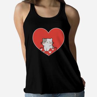 Cute Cat Love Heart Valentines Day Gift Happy Valentines Day Women Flowy Tank - Seseable