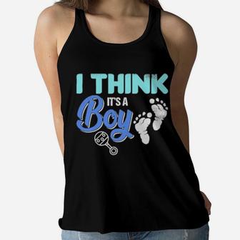 Gender Reveal I Think It's A Boy Baby Shower Party Women Flowy Tank - Monsterry