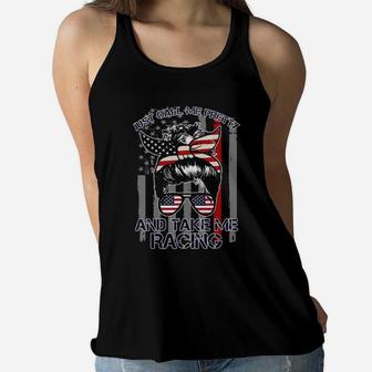 Girl American Flag Just Call Me Pretty And Take Me Racing Women Flowy Tank - Monsterry