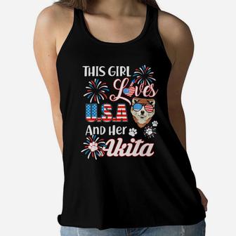Girl Loves Usa And Akita Dog 4Th Of July Gifts Women Flowy Tank - Monsterry