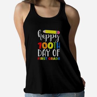 Happy 100th Day Of First Grade Colorful Pencil 100 Days Of School Women Flowy Tank - Seseable