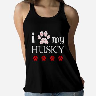 I Love My Husky Event Happy Valentines Day Paw Prints Women Flowy Tank - Seseable