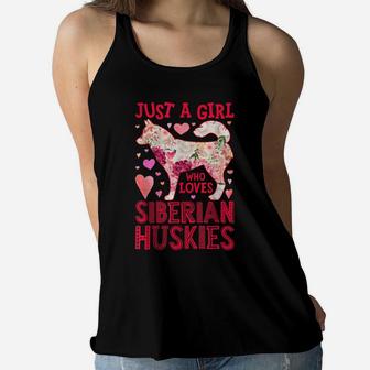 Just A Girl Who Loves Siberian Huskies Dog Silhouette Flower Women Flowy Tank | Crazezy