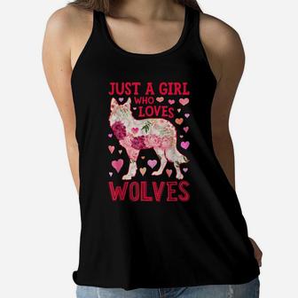 Just A Girl Who Loves Wolves Funny Wolf Silhouette Flower Women Flowy Tank | Crazezy