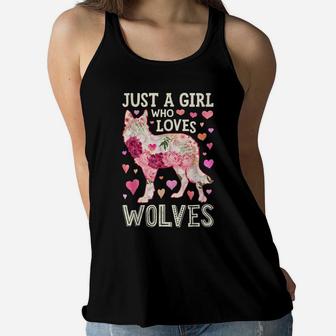 Just A Girl Who Loves Wolves Funny Wolf Silhouette Flower Women Flowy Tank | Crazezy