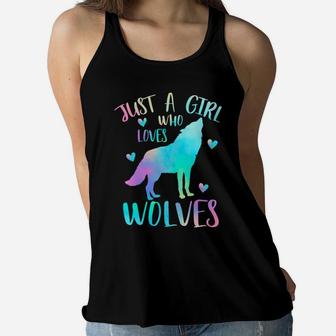 Just A Girl Who Loves Wolves Watercolor Cute Wolf Lover Gift Women Flowy Tank | Crazezy CA