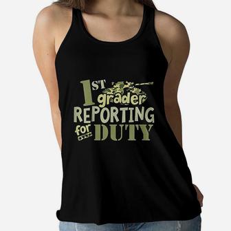 Kids 1St Grader Back To School Reporting For Duty Student Women Flowy Tank | Crazezy