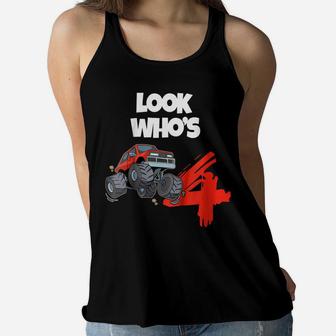 Kids 4Th Birthday Monster Truck T Shirt | 4 Year Old Boy Gift Women Flowy Tank | Crazezy