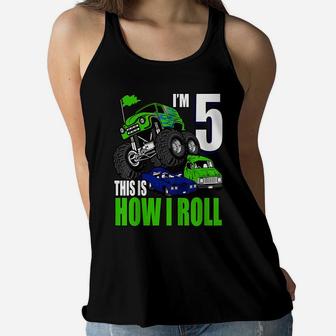 Kids 5 Years Old 5Th Birthday Monster Trucks Boys Women Flowy Tank | Crazezy DE