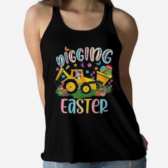 Kids Digging Easter Bunny Driving Tractor Excavator Eggs Hunting Women Flowy Tank | Crazezy CA