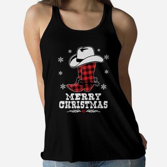 Merry Christmas Cowboy Boots Red Buffalo Plaid Western Women Flowy Tank | Crazezy CA