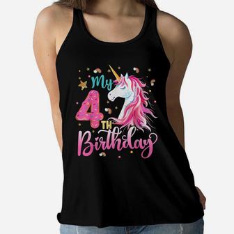 My 4Th Birthday Pink Unicorn Donut 4 Year Old For Girls Kids Women Flowy Tank | Crazezy