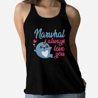 Narwhal Always Love You Cute Valentine Gift Happy Valentines Day Women Flowy Tank - Seseable