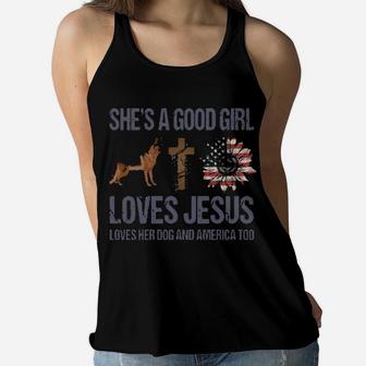 Shes A Good Girl Loves Jesus Loves Her Dog And America Too Cushion Women Flowy Tank - Monsterry CA