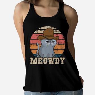 Texas Meowdy Cat Cowboy Hat Feline Funny Lover Pun Vintage Women Flowy Tank | Crazezy