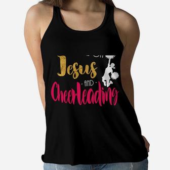 This Girl Runs On Jesus And Cheerleading Cheerleader Gift Women Flowy Tank | Crazezy DE