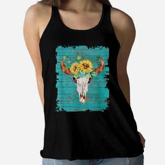 Vintage Sunflower Cow Skull Blue For Cowgirl Country Girl Women Flowy Tank | Crazezy