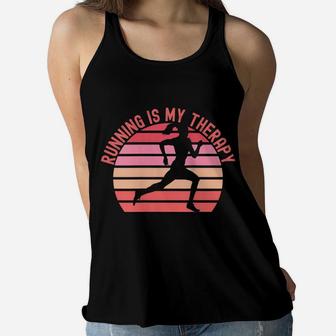Womens Running Is My Therapy Girl Runner Retro Sunset Funny Women Flowy Tank | Crazezy AU