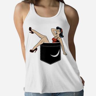 Pin Up Girl In Pocket Funny Vintage Retro Illustration Gifts Women Flowy Tank | Crazezy AU
