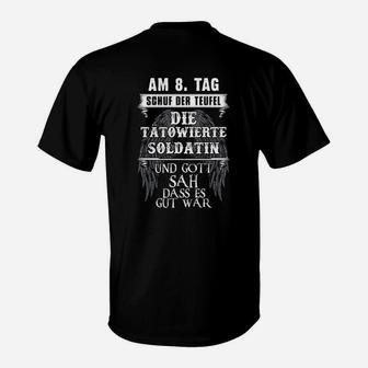 Schwarzes Damen T-Shirt, Teufel & Tätowierte Soldatin Spruch - Seseable