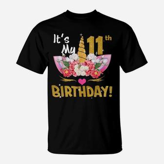 11Th Birthday Girl 11 Years Old Awesome Unicorn Flower Bday T-Shirt | Crazezy