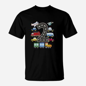 2 Years Old Transportation Birthday Car Train Plane 2Nd Gift T-Shirt | Crazezy
