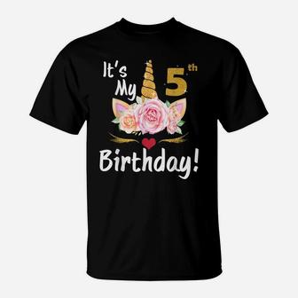 5Th Birthday Girl 5 Years Old Awesome Unicorn Flower Bday T-Shirt | Crazezy