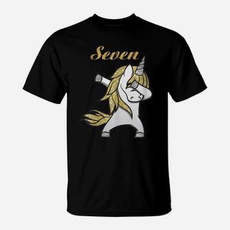 7Th Birthday 7 Years Old Golden Dancing Unicorn T-Shirt | Crazezy