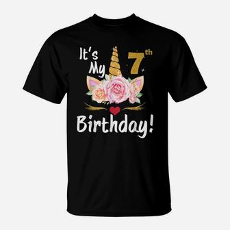 7Th Birthday Girl 7 Years Old Awesome Unicorn Flower Bday T-Shirt | Crazezy UK