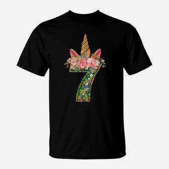 7Th Birthday Girl 7 Years Old Awesome Unicorn Flower Bday T-Shirt | Crazezy