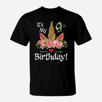 9Th Birthday Girl 9 Years Old Awesome Unicorn Flower Bday T-Shirt | Crazezy UK