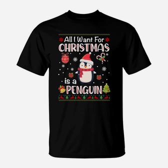All I Want Is A Penguin For Christmas Ugly Xmas Pajamas Sweatshirt T-Shirt | Crazezy DE