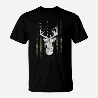 American Camouflage Usa Flag Whitetail Buck Bow Deer Hunting T-Shirt | Crazezy