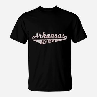 Arkansas Baseball Script Vintage Distressed T-Shirt | Crazezy AU