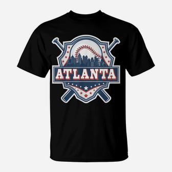 Atlanta Baseball Skyline Cityscape Classic Retro Baseball T-Shirt | Crazezy