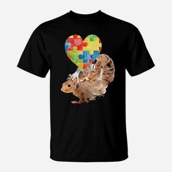 Autism Awareness Mommy Squirrel With Baby Puzzle Heart Love T-Shirt - Monsterry