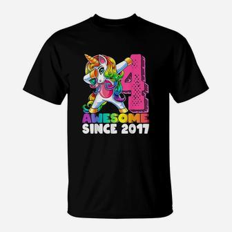 Awesome Since 2017 Dabbing Unicorn 4Th Birthday Gift Girls T-Shirt | Crazezy