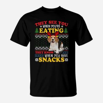 Beagle Ugly Christmas They See You're Eating Xmas Gift Sweatshirt T-Shirt | Crazezy