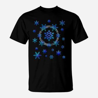 Beautiful Blue Falling Snowflakes Winter Season Snow Lover T-Shirt | Crazezy