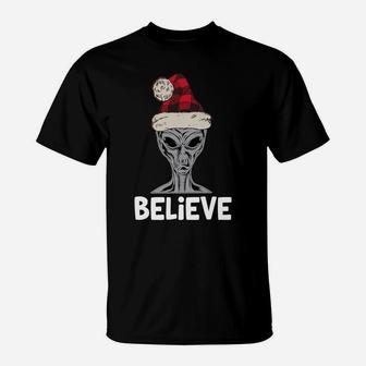Believe Christmas Alien Head Funny Quote Science Fiction T-Shirt | Crazezy