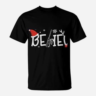 Believe Xmas Rode Reindeer Funny Fishing Christmas T-Shirt | Crazezy