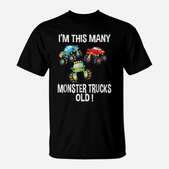 Birthday Shirt For Boys 3 I'm This Many Monster Trucks Old T-Shirt | Crazezy