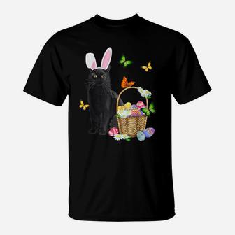 Black Cat Bunny Hat Rabbit Easter Eggs Basket Egg Hunting T-Shirt | Crazezy
