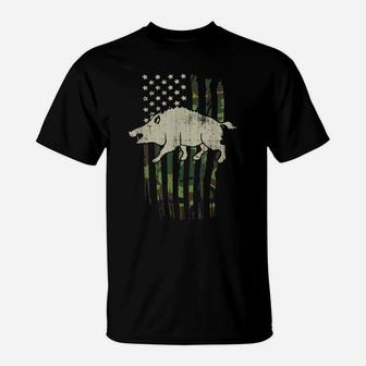 Boar Hunting Camouflage American Flag Hog Hunter T-Shirt | Crazezy