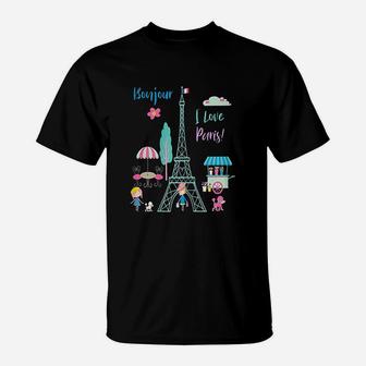 Bonjour I Love Paris France Eiffel Tower T-Shirt | Crazezy